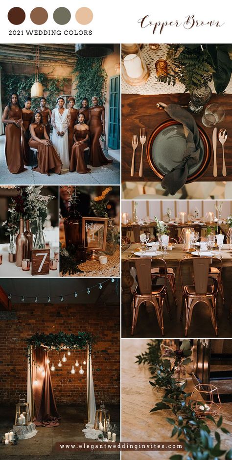 Hunter Green And Brown Wedding, Neutral Tone Wedding Decor, Cooper And Green Wedding, Wedding Color Schemes Late Summer, Melanin Wedding Colors, Brown Wedding Aesthetic, Bridal Party Ideas Theme, Non Traditional Wedding Party, Brown And Champagne Wedding