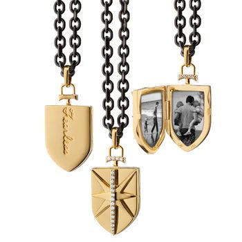 Men's Luxury Necklaces | Monica Rich Kosann Chain Locket, Gold Shield, Monica Rich Kosann, Mens Necklace Pendant, Golden Necklace, Luxury Necklace, Star Design, Mens Pendant, Slide In