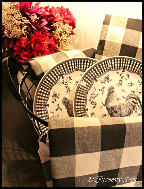 Black and White Buffalo Check Kitchen Black And White, Checkered Fabric, French Country Furniture, Rooster Kitchen, French Country Kitchens, French Country Living Room, Kitchen Black, Rooster Decor, Country Curtains