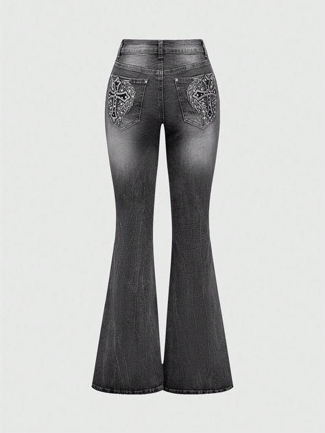 Subculture Rivet Cross Wings Embroidery Rhinestone Sexy Skinny Flare Pants Grey Casual   Denim Colorblock,All Over Print Flare Leg High Stretch  Women Clothing, size features are:Bust: ,Length: ,Sleeve Length: Y2k Jeans White Background, Flared Jeans With Rhinestones, Rhinestone Pants, Wings Embroidery, Things I Need To Buy, Cute Pants, Swaggy Outfits, Women Denim Jeans, Inspiration Mode