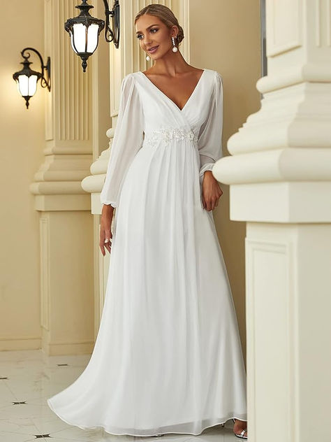 £59.99 Women's Elegant A-Line Deep V-Neck Appliques Pleated Long Sleeve Bridesmaid Dress #wedding #dress #elegant #fairytale #outfit #bride #bridesmaid Infinity Gown, Midi Wedding Guest Dress, Exclusive Gowns, Long Sleeve Bridesmaid Dress, Neck Wedding Dress, Formal Dresses With Sleeves, Chiffon Wedding Dress, Ever Pretty, Maxi Dress Evening