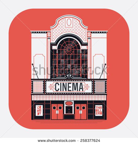 Beautiful vector detailed fully decorated classic motion picture movie film theater building facade with marquee signboard. Entertainment design element on cinema house front entrance - stock vector Movie Theater Marquee, Facade Design Classic, Theater Entrance, Cinema House, Theatre Drawing, Theater Building, Tin Tan, Blank Street, Artistic Architecture