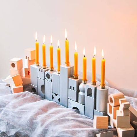 12 DIY Hanukkah Menorahs » Lady Decluttered Hanukkah Menorah Crafts For Kids, Ceramic Hanukkah Menorah, Hanukkah Table Setting, Diy Menorah, Hanukkah Diy, Diy Hanukkah, Sculpting Ideas, Menorah Candles, Hanukkah Crafts