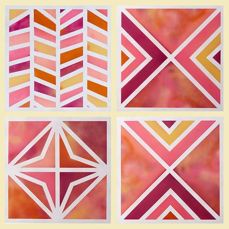 Colors swirl and blend in complex patterns on these painted panels. But there’s nothing complicated about how they’re made using tape and spray paint. Tape Painting Ideas, Painters Tape Art, Geometric Art Diy, Masking Tape Art, Random Crafts, Tape Painting, Tape Art, Spray Paint Art, Samana