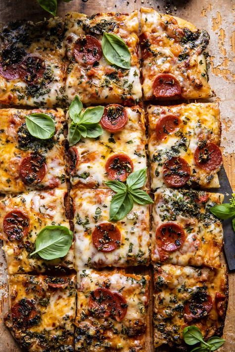 Easy Sheet Pan Tomato Herb Pizza | halfbakedharvest.com Herb Pizza, Sicilian Style Pizza, Thick Crust Pizza, Pizza Lasagna, Half Baked Harvest Recipes, Cherry Tomato Sauce, Breaking Bread, Savory Pies, Roasted Cherry