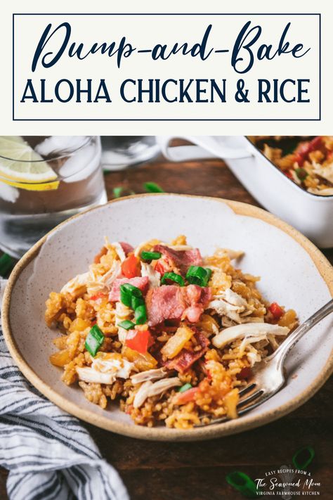 This Dump-and-Bake Aloha Chicken and Rice is an entire dinner that cooks in one dish! With just 10 minutes of prep you can stir together uncooked rice, chicken, pineapple, bell pepper, onion, and a sweet-and-savory sauce that's finished with crispy bacon. Serve the easy, Hawaiian-inspired meal with a simple green salad, broccoli, or a loaf of crusty bread. It tastes like chicken and pineapple fried rice -- without the work! Aloha Chicken And Rice, Aloha Chicken, Chicken And Pineapple, Salad Broccoli, Chicken Pineapple, Pineapple Fried Rice, Rice Chicken, Simple Green Salad, Chicken Slow Cooker Recipes