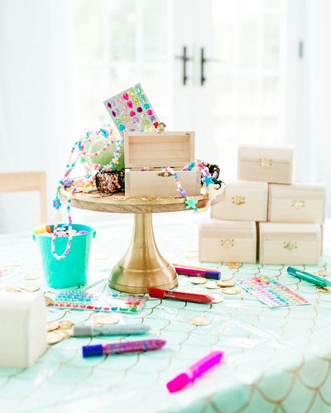 Mermaid Birthday Party » JessicaEtCetera.com | by Jessica Grant Treasure Chest Party Favors, Decorate Treasure Chest, Mermaid Treasure Chest Diy, Mermaid Birthday Party Crafts, Mermaid Birthday Activities, Mermaid Birthday Party Activities, Mermaid Party Activities, Mermaid Birthday Favors, Mermaid And Pirate Birthday Party