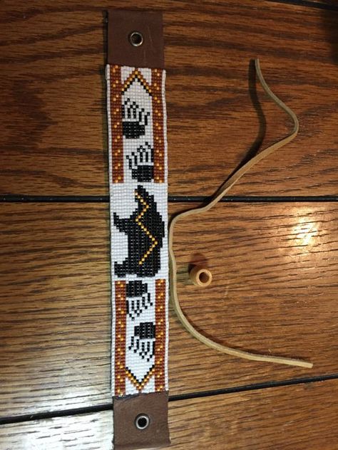 Bear Totem, Native American Inspired, Paw print, Brown and Orange, Delica Glass Loom Beaded Bracelet: Bear Totem, Bear Bracelet, Indian Beadwork, Native American Beadwork Patterns, Beaded Hat Bands, Native Beading, Beading Loom, Seed Bead Jewelry Patterns, Native Beading Patterns