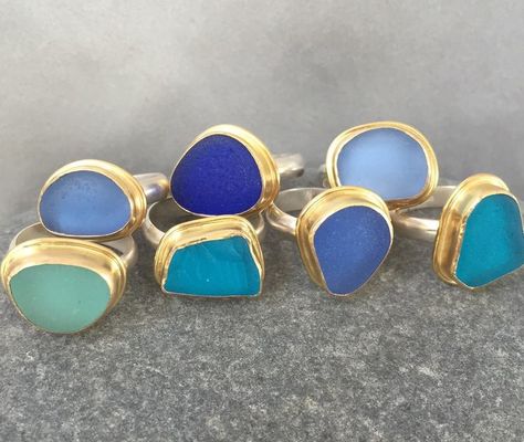 Gorgeous sea glass rings set in gold Seaglass Rings, Lisa Hall, Sea Glass Rings, Seaglass Jewelry, Coastal Maine, Sea Glass Ring, Beach Glass Art, Handmade Jewelry Ring, Beachglass Jewelry