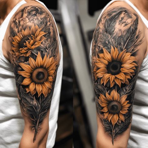 Sunflower Tattoo For Man, Men’s Sunflower Tattoo, Sunflower Tattoo Realism, Tattoo Sleeves For Women Black, Elephant Sunflower Tattoo, Sunflower Chest Tattoo, Sunflower Half Sleeve Tattoo, Sunflower Tattoo Men, Red Sunflower Tattoo