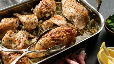 Roast Chicken With Fennel Recipe - NYT Cooking Chicken With Fennel, Fennel Recipe, Braised Chicken Thighs, Fennel Recipes, Dishes To Make, Roasted Fennel, Roasted Chicken Thighs, Chicken Sweet Potato, Dinner Party Recipes