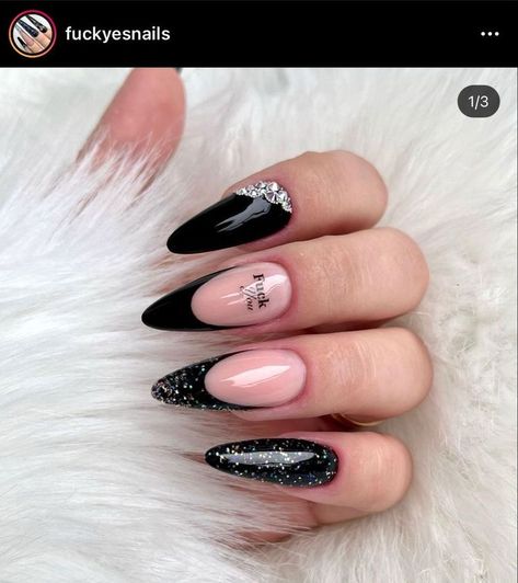 Almond Nail Art Black French Tip, Black And Glitter French Nails, Black French Glitter Nails, Long Almond Nails Black, Unique Almond Nails Designs, Black French Nails With Glitter, Black French With Glitter, Almond Nails Black French Tip, Black French Tip Nails With Glitter