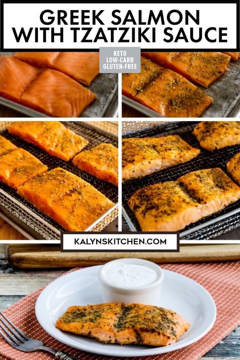 This delicious Greek Salmon with Tzatziki Sauce is a perfect idea for a special low-carb dinner that's not much work! I cooked the Greek Salmon you see here in the Air Fryer, but check below for tips on how to cook it in the oven or in a grill-pan on the stove! [found on KalynsKitchen.com] #GreekSalmon #GreekSalmonRecipe #GreekSalmonTzatziki Greek Salmon Recipe, Greek Salmon, Homemade Tzatziki Sauce, Poached Salmon, Low Glycemic Diet, Homemade Tzatziki, Easy Mediterranean Diet Recipes, Greek Seasoning, Greek Flavors