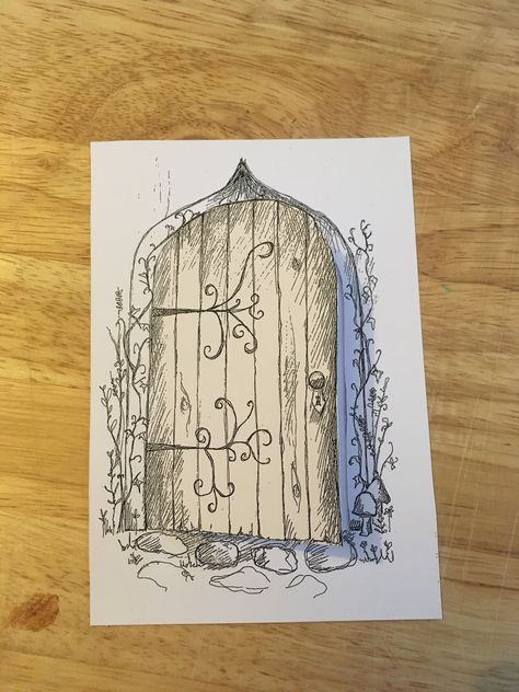 Fairy door illustration. Fairy party invitation. Amy O'Sullivan. Fairy Doors Illustration, Fairy Doors Drawing, Fairy Door Drawing Simple, Secret Garden Door Drawing, Fairy Cards Ideas Inspiration, Magic Door Drawing, Garden Door Drawing, Fairy Door Illustration, Garden Door Tattoo