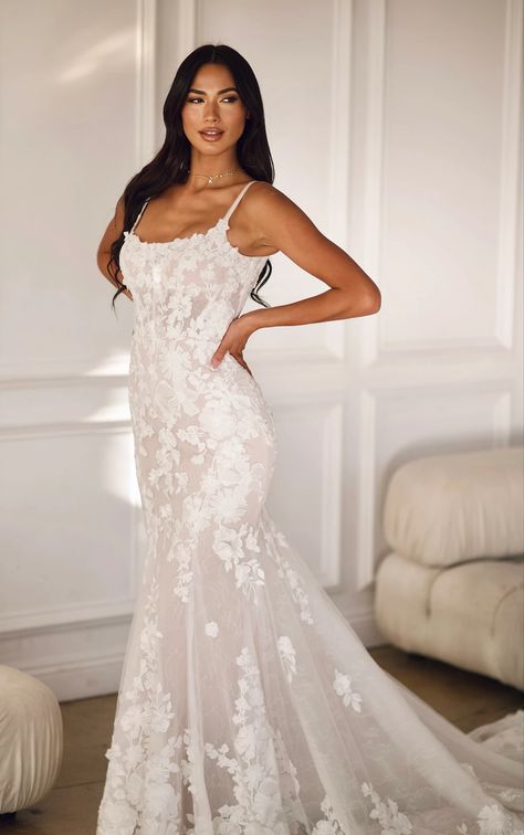 Elegant Lace Fit-and-Flare Bridal Gown with Delicate Spaghetti Straps - 1767 Martina Liana Wedding Dress, Carmel Indiana, Martina Liana, Blush Bridesmaid Dresses, Wedding Studio, Photos Inspo, Fit And Flare Wedding Dress, Wedding 2025, Fitted Wedding Dress