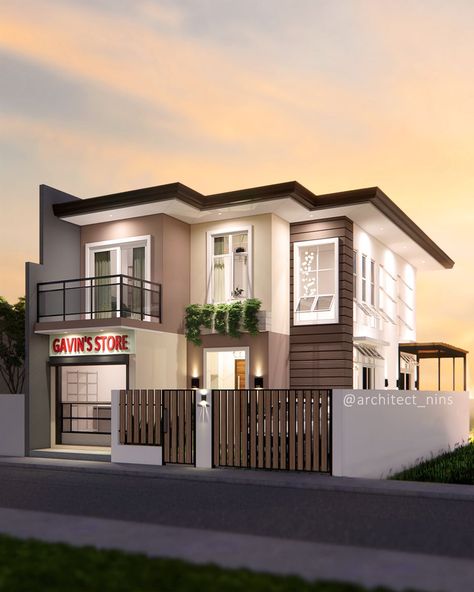 A 3-Bedroom, 2-Bath, TWO STOREY with CONVENIENCE STORE House Design | ANIMATION HOUSE TOUR | cafè mocha, caramel, minimalism, ASUS, design | This is a 3-bedroom, 2-bath Two-storey house with Commercial Space. A simple minimalist house design with touches of brown shades—brown, mocha, and... | By Linya Architectural Design Studio | Facebook Simple Minimalist House, 3 Storey House Design, Architectural Design Studio, 2 Storey House Design, 2 Storey House, Café Mocha, Minimalist House, Two Storey House, Minimalist House Design