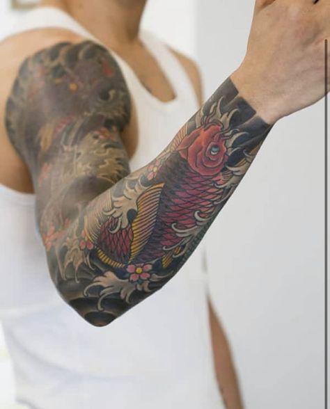 Cover Up Sleeve, Arm Cover Up Tattoos, Cover Up Tattoos For Men, Japanese Koi Fish Tattoo, Koi Tattoo Sleeve, Japanese Tattoos For Men, Koi Tattoo Design, Traditional Tattoo Sleeve, Koi Fish Tattoo