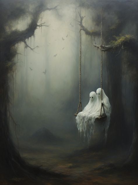 An oil painting of two ghosts on a swing. Victorian Gothic Art, Cottagecore Artwork, Painting Cottagecore, Images Terrifiantes, Cute Ghosts, Halloween Facts, Halloween Artwork, Printables Free, Halloween Wall Art