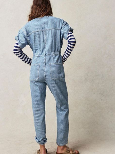 Denim Coverall, Defined Waist, Striped Jumpsuit, Dolman Sleeve, Stretch Denim, Full Length, Free People, Jumpsuit, Stripes