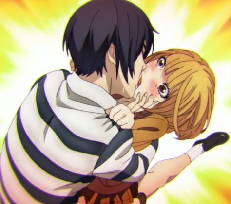 # 12: As Hana goes in for another kiss, Kiyoshi counterattacks by sticking his tongue inside Hana's mouth Hana X Kiyoshi Prison School, Hana Midorikawa, School Kiss, Tongue Kissing, Prison School, Airport Pictures, Young Magazine, Dark Anime Guys, Reaction Pics