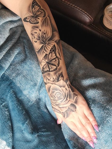 Female Inner Arm Tattoo Ideas, Full Sleeve Tats For Women, Half Sleeve Tattoos For Women Upper Arm Roses And Butterflies, Flower Butterfly Tattoo Sleeve, Feminine Tattoo Sleeves Fine Line, Top Forearm Tattoo Women, Top Arm Tattoos For Women, Cover Up Tattoos For Women Forearm, Front Forearm Tattoo Women