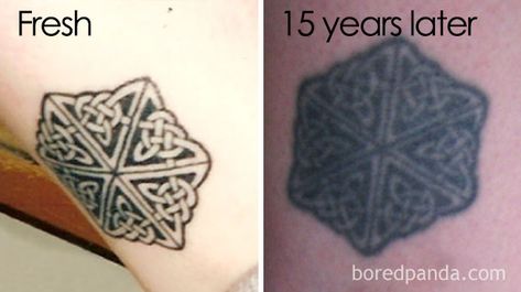 Thinking Of Getting A Tattoo? These 10+ Pics Reveal How Tattoos Age Over Time Tattoo Before And After, Old Tattoos Faded, Faded Tattoos Before And After, Aged Tattoos Before And After, Tattoos After Years, Aged Tattoo, Tattoo Aging, Blue Tattoos, Tattoo Healing