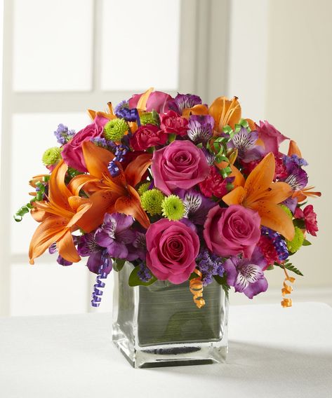 The Celebration Bouquet by Carithers Flowers Purple Statice, Birthday Flower Delivery, Mini Carnations, Flower Factory, Peruvian Lilies, Birthday Bouquet, Birthday Cheers, Asiatic Lilies, Diy Arrangements