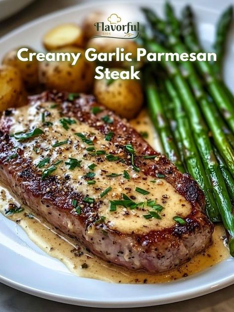 FlavorfulSide Recipes Garlic Parmesan Steak, Parmesan Steak, Potatoes And Asparagus, Roasted Baby Potatoes, Baby Potatoes, Ribeye Steak, Creamy Garlic, Garlic Parmesan, Parmesan