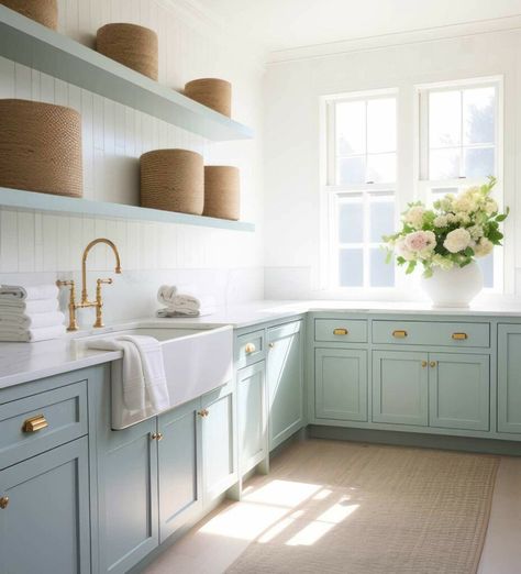 The Top Color Trends for 2024 - Plank and Pillow Blue Green Cabinets Laundry Room, Fun Laundry Room Ideas Paint Wall Colors, 2024 Kitchen Color Trends, Laundry Room Ideas Paint, Fun Laundry Room Ideas, Room Ideas Paint, Blue Living Room Color Scheme, Fun Laundry Room, Blue Living Room Color