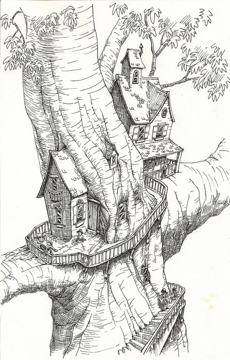 Tree House Drawing, Sketchbook Project, Fantasy Drawings, 캐릭터 드로잉, House Drawing, Art Et Illustration, Pencil Art Drawings, 판타지 아트, Cebu