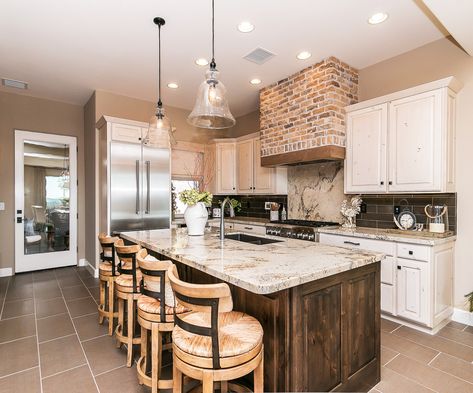 Brick Kitchen Floor, Brick Tile Floor, Lake House Kitchen, Pine Kitchen, Brick Kitchen, Faux Brick, Kitchen Hoods, Brick Tiles, Contemporary Dining Room