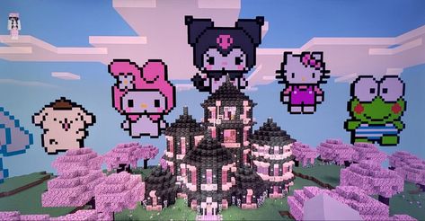 @lovesickdoe on twitter Sanrio Minecraft Builds, Sanrio Minecraft, Hello Kitty Lego, Hello Kitty Room Decor, Bangunan Minecraft, Minecraft House Plans, Hello Kitty House, Minecraft Pictures, Easy Minecraft Houses