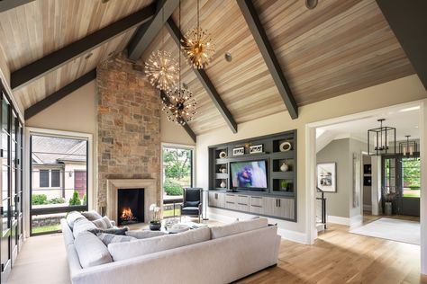 Clad Ceiling, European Country Home, Vaulted Ceiling Ideas, Vaulted Ceiling Lighting, Beams Living Room, Vaulted Ceiling Living Room, Fireplace Wood, Wood Plank Flooring, Art Lighting