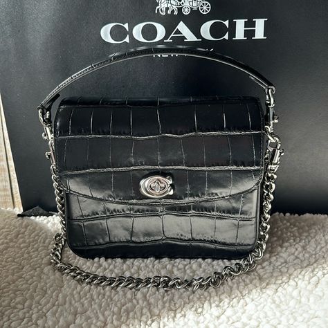 Coach Cassie 19 Croc Embossed Leather Shoulder Crossbody Purse Handbag Black NWT Coach Cassie 19, Coach Cassie, Handbag Black, Leather Fabric, Lining Fabric, Leather Design, Crossbody Purse, Black Handbags, Embossed Leather