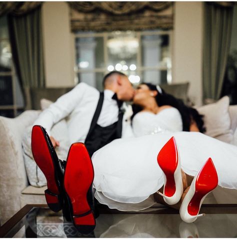 Red Bottoms Wedding Photos, Wedding Shoes Bride Louboutin, Wedding Shoes Bride Red Bottoms, White Red Bottom Heels Wedding, Wedding Heels Red Bottoms, Red Bottom Wedding Pictures, Red Wedding Heels Brides, Red Bottoms Wedding Shoes, Red Bottom Wedding Heels