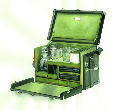 Deceptive of its scale, this trunk carries a thrill of anticipation of what may be revealed inside. Seamlessly handcrafted and designed to be compact and precise, our portable bar trunks fit-in neatly with all your needs on the go. This one is a custom design concept sketch. #trunkscompany #trunkbar #travelbar #cocktailbar #smallbar  #pokerbar #custom bar #bespokebar Traveling Bar, Suitcase Bar, Steamer Trunk Bar, Portable Bar Ideas, Travel Bar Set, Alcohol Storage, Luxury Bar Design, Hogwarts Suitcase Trunks, Vintage Suitcase Bar Cart