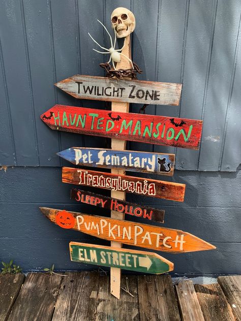 HALLOWEEN SIGNS Themed Spooky Tiki Directional Destination | Etsy Halloween Street Signs, Wooden Halloween Decorations, Halloween Signs Diy, Halloween Street, Halloween Yard Signs, Table Halloween, Halloween Outside, Halloween Wood Signs, Halloween Wood Crafts