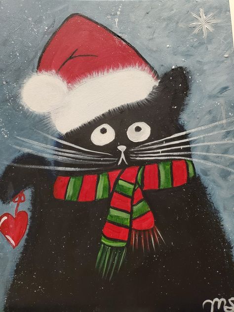 Cat Christmas Painting, Christmas Paintings For Kids, Christmas Cat Painting, Felted Cards, Cat Painting Ideas, Canvas Paint Party, Kids Paint Party, Cute Easy Paintings, Christmas Kitty