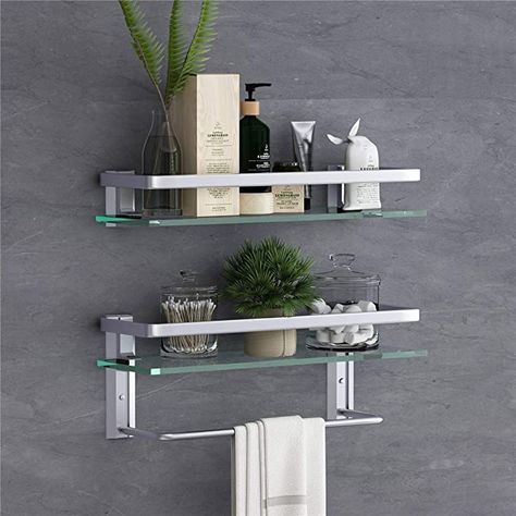 15.7in Glass Bathroom Shelf with Towel Bar-VOLPONE Glass Floating Shelves with Towel Rack Holder Wall Mounted Glass Shower Shelf (2 Tier,Sliver) - - Amazon.com Glass Shower Shelves, Glass Shelves In Bathroom, Bathroom Shelf With Towel Bar, Shelves Above Toilet, Glass Bathroom Shelves, Wall Mounted Storage Shelves, Above Toilet, Floating Glass Shelves, Space Saving Bathroom