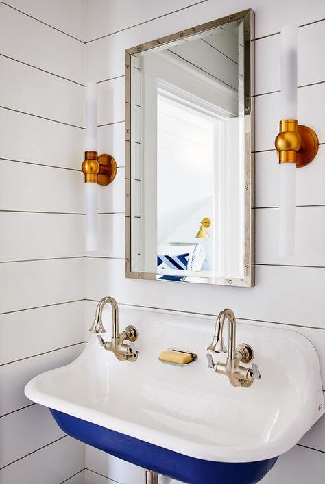 Kohler Brockway Sink, Kohler Brockway, Floating Sink Vanity, Katie Rosenfeld, Elegant Powder Room, Contemporary Powder Room, Framed Medicine Cabinet, Ship Lap, Industrial Mirrors