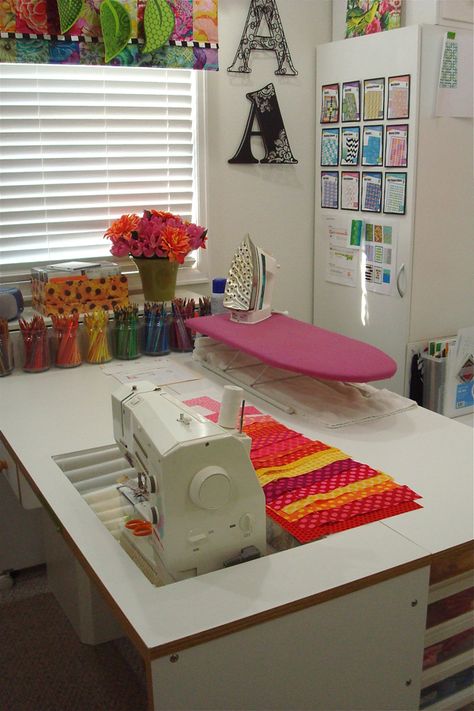 Craft room inspiration-I love the idea of havng my sewing machine face out into the room instead of having it face the wall! Sewing Studio Organization, Sewing Room Inspiration, Sewing Room Storage, Sewing Spaces, Ironing Boards, Coin Couture, Sewing Room Design, Dream Craft Room, Craft Room Design