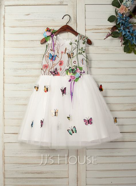 A-Line Knee-length Flower Girl Dress - Tulle/Lace Sleeveless Scoop Neck With Flower(s) (010130942) Knee Length Lace Dress, Sleeveless Flower Girl Dresses, Neck Flower, Tulle Flower Girl Dress, Girls Dresses Online, Tulle Flower Girl, First Communion Dresses, Satin Tulle, Tulle Flowers