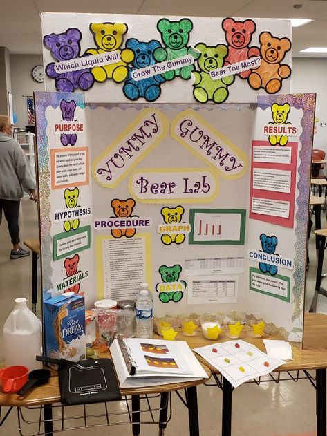 Science Fair Experiments Elementary, Gummy Bear Science Project, 4th Grade Science Experiments, Chemistry Science Fair Projects, Stem Fair Projects, Kindergarten Science Fair Projects, 3rd Grade Science Projects, Gummy Bear Experiment, Winning Science Fair Projects