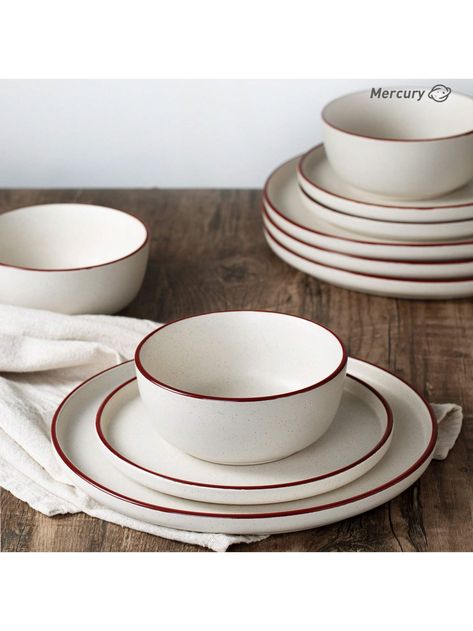 RichMount dinnerware sets decorated with speckles and a reddish brown lipped rim brings a wonderfully experience to each meal time. Made of sturdy stoneware that is easy to clean as well as microwave and dishwasher safe, this dishes use stylish, modern and elegant matte finish that adds a distinctive style to your kitchen. This 12 piece set includes 4 dinner plates, 4 salad plates and 4 cereal bowls, each plate and bowl can be stacked together for compact storage in the kitchen cabinet. Our dish Kitchen Dinner Set, Clean Drink, Plastic Dinnerware Sets, Christmas Hand Towels, Coffee Tamper, Plastic Dinnerware, Ceramic Dinnerware Set, Stoneware Dinnerware Sets, Christmas Kitchen Decor