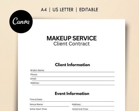 Makeup Service Client Contract, Printable PDF & Canva Template, Freelance Makeup Artist Contract, MUA Agreement, A4 / US Letter - Etsy Makeup Artist Contract, Makeup Contract, Employment Form, Freelance Contract, Photography Contract, Freelance Makeup Artist, Employee Management, Makeup Services, Contract Template