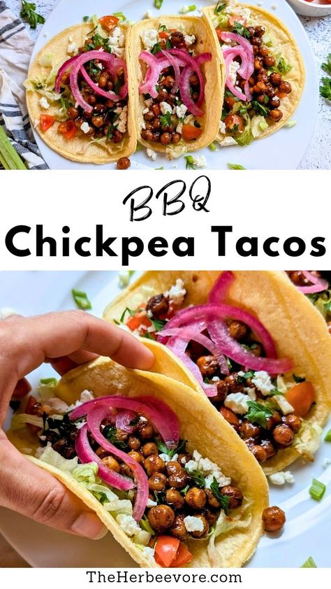 These BBQ chickpea tacos are hearty, flavorful, and SO delicious - a fantastic 15-minute dinner recipe! Canned chickpeas are simmered with sauce and spices, and loaded into fresh warm corn tortillas. Bbq Chickpea Tacos, Spicy Pickled Carrots, 15 Minute Meals Dinners, Bbq Chickpeas, Make Bbq Sauce, Chickpea Tacos, 15 Minute Dinners, Taco Spice, Vegan Queso