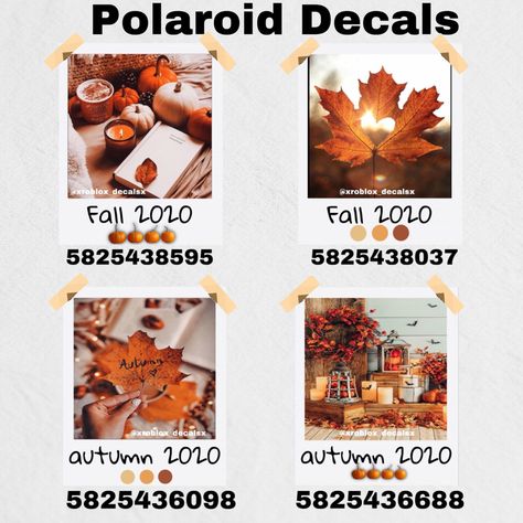 My decals can be found on instagram @xroblox_decalsx Bloxburg Halloween Picture Codes, Fall Roblox Decals, Autumn Decals Bloxburg, Fall Decal Codes, Fall Decal Codes Bloxburg, Fall Decals Bloxburg, Bloxburg Halloween Decals Codes, Halloween Decals Bloxburg, Bloxburg Fall Decals