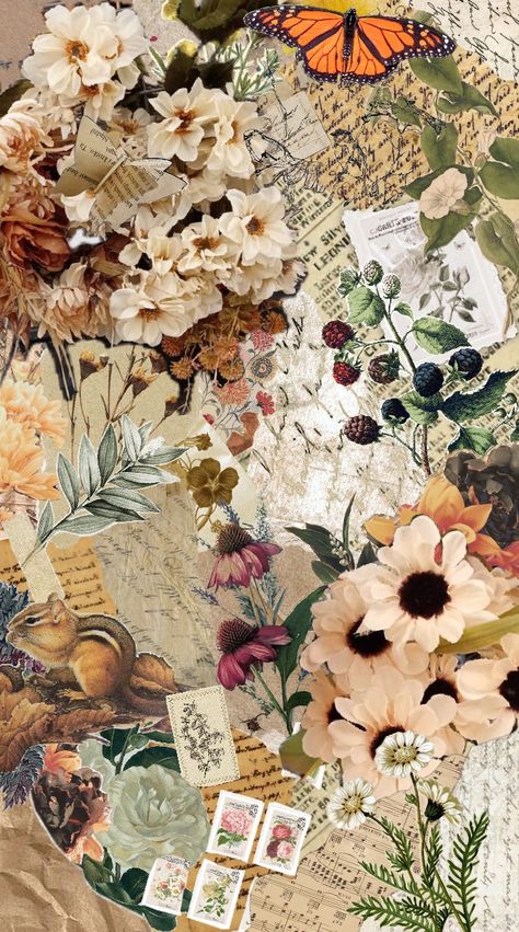 Muted Autumn #autumn #fall #vintage #october #leaves #chipmunk #flowers #scrapbook #beige #brown Monarch butterfly #stamps Fall Butterfly, October Leaves, Vintage October, Muted Autumn, Fall Vintage, Fairycore Aesthetic, Floral Aesthetic, Mac Wallpaper, Brown Fall