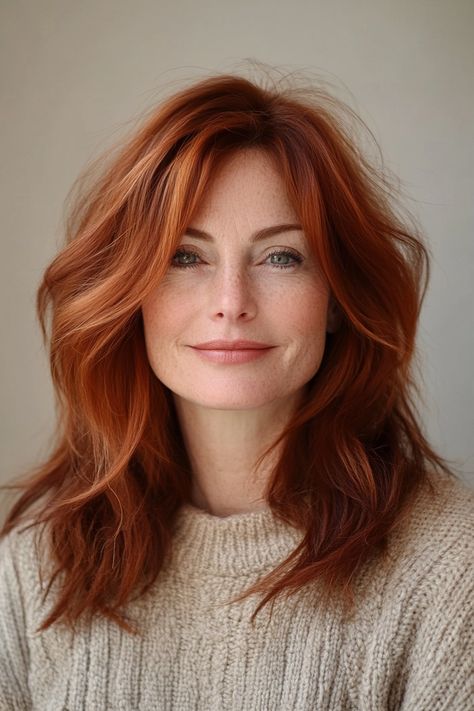 3. Feathered Shag with Soft Auburn Hues (Medium Length Hairstyles For Women Over 40) - Medium Length Hairstyles For Women Over 40 Mid Length Red Hair, Feathered Shag, Red Hair Cuts, Medium Length Hairstyles For Women, Feathered Layers, Blonde Lowlights, Honey Balayage, Older Women's Hairstyles, Blonde Tips