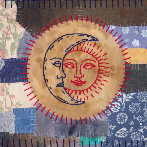 Sun And Moon Quilt, Moon And Sun Embroidery, Sun Applique Pattern, Sun And Moon Embroidery Pattern, 70s Concert, Sun Applique, Moon Textile Art, Crafty Witch, Sun Motif